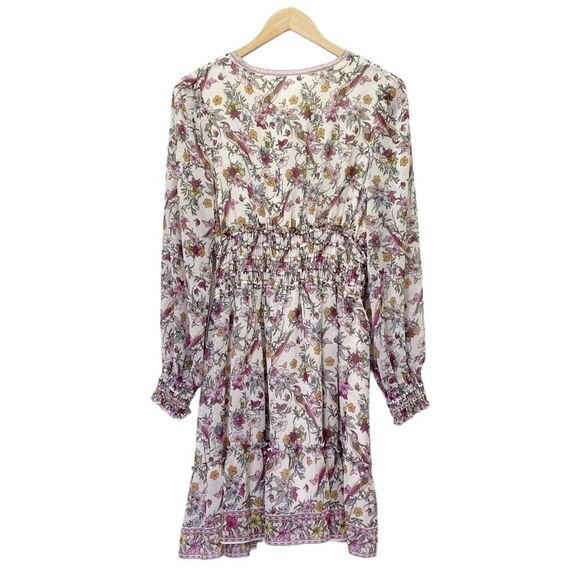 NWT Max Studio Smocked Cream Pink Floral Bird Print Mini Dress Size Medium NEW - Picture 3 of 15